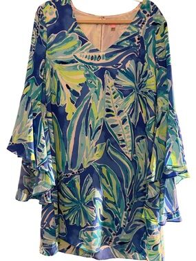 Lilly Pulitzer Blue and Green Tropical Print Midi Dress, sz 14